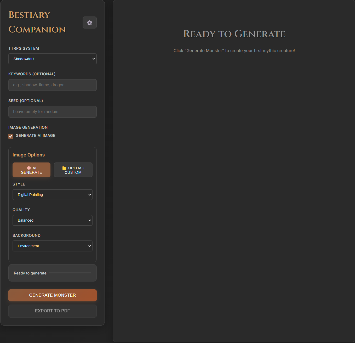 Bestiary Companion dashboard screenshot